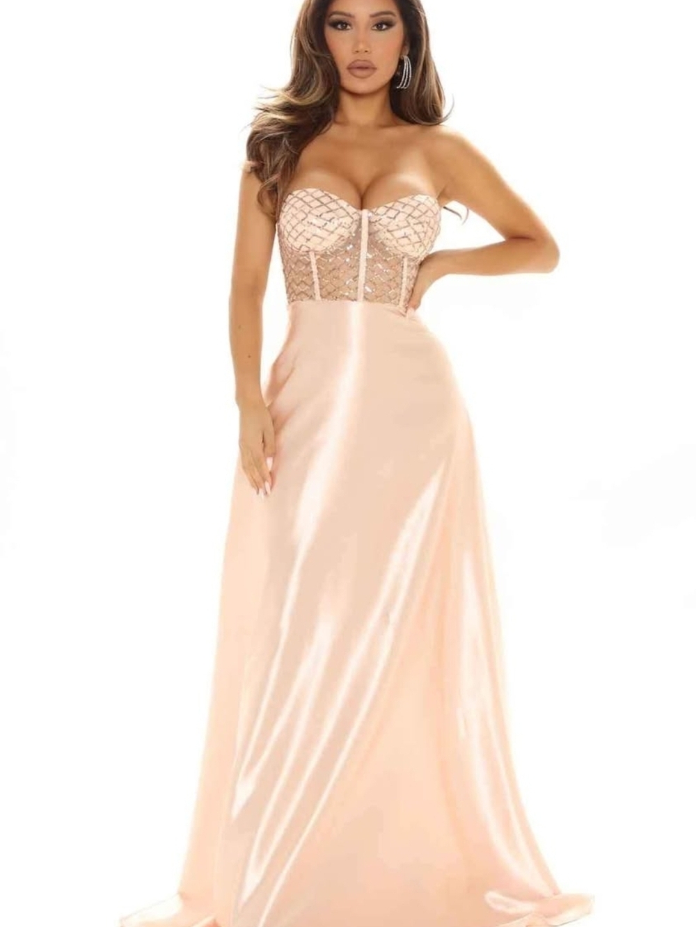 Strapless Blush Pink Satin Gown with Embellished Corset